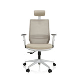 Siège de bureau de qualité professionnelle PROFONDO PRO W beige, dossier maille, appuie-tête et base blanche de hjh OFFICE – vue à 360° (vue de face 0°)