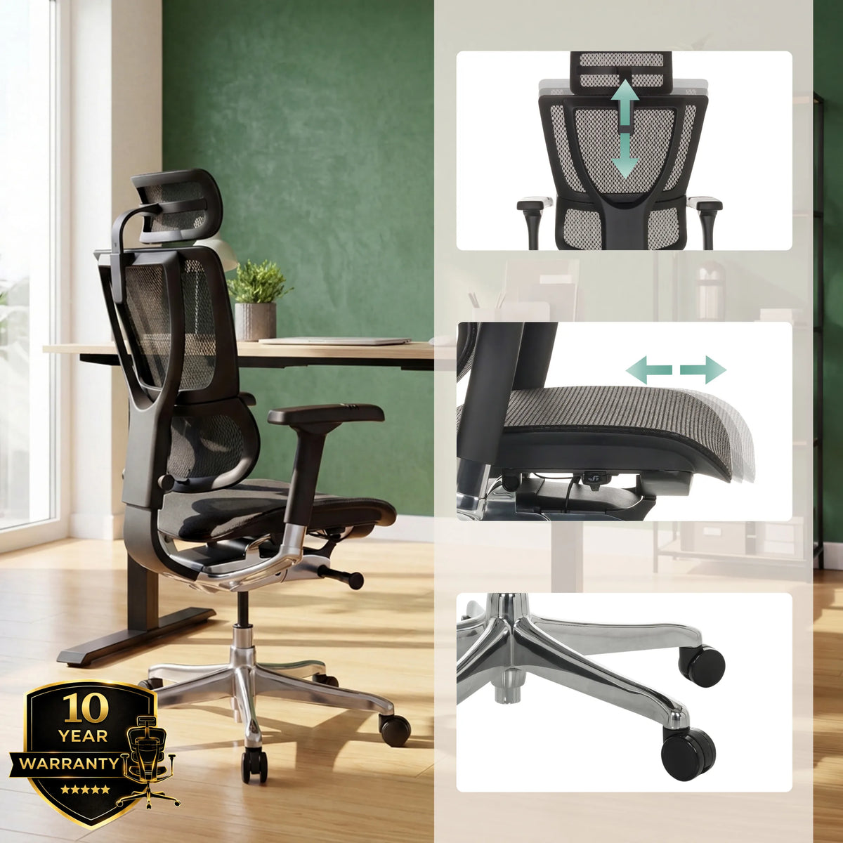 Siège de direction de luxe ERGOHUMAN SLIM GEN2 avec appuie-tête et profondeur d'assise réglables de hjh OFFICE (image générée par IA)