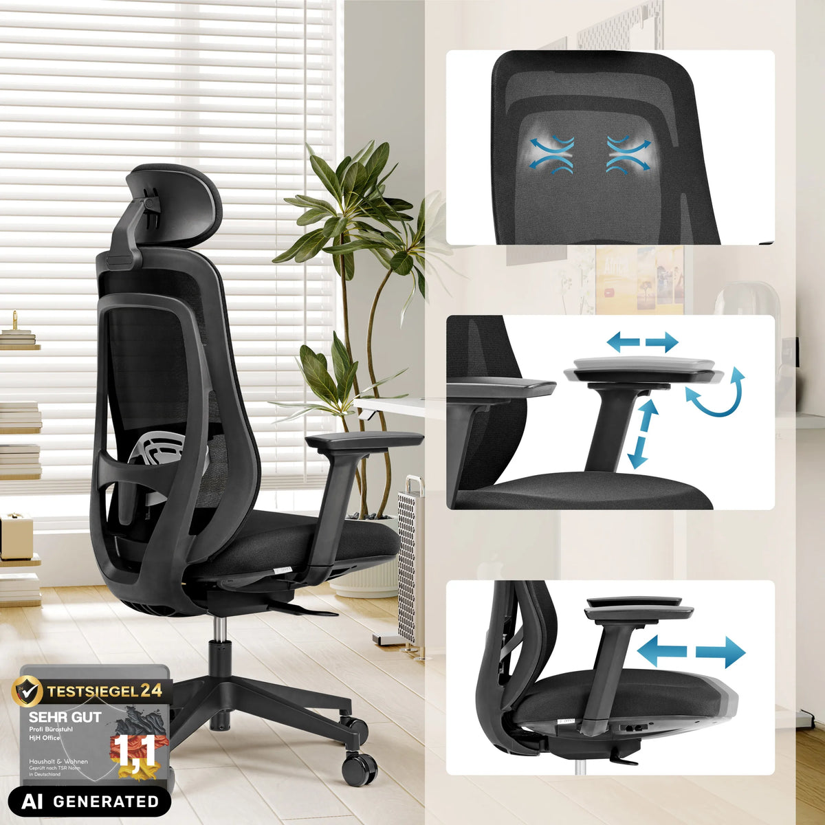 Siège de bureau de qualité professionnelle Vivadapt avec appui-tête réglable et accoudoirs 3D de hjh OFFICE (image générée par IA)