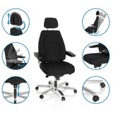 Siège pivotant XXL 24 HOURS I en noir avec différentes possibilités de réglage de hjh OFFICE