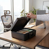 Coffre-fort Safe Compact Slim ouvert en noir avec des liasses de billets sur un bureau de hjh OFFICE (image générée par IA)