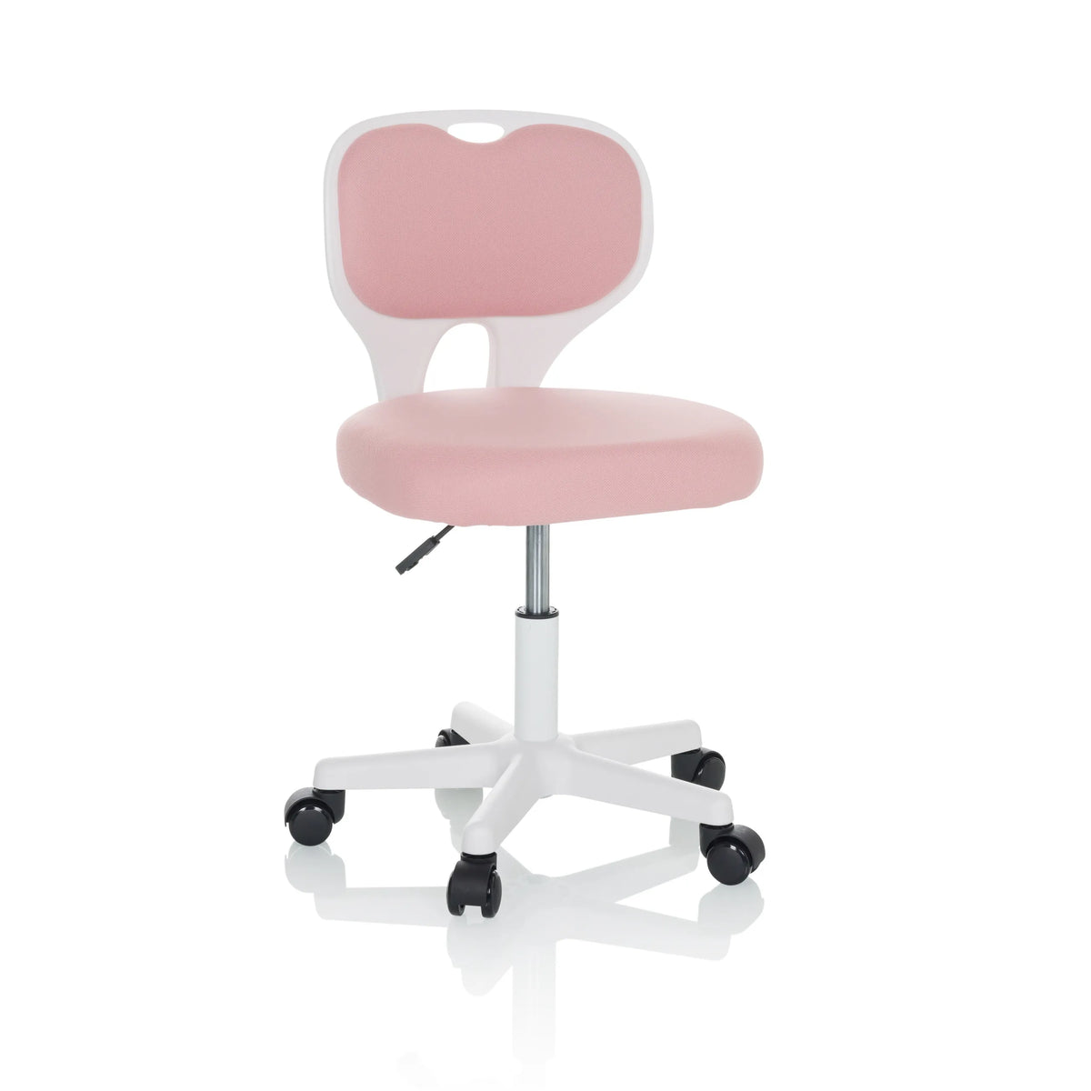 Chaise pivotante pour des enfants KIDDY TOP W rose avec structure blanche et base à cinq roulettes de hjh OFFICE – vue à 360° (vue de face 15°)