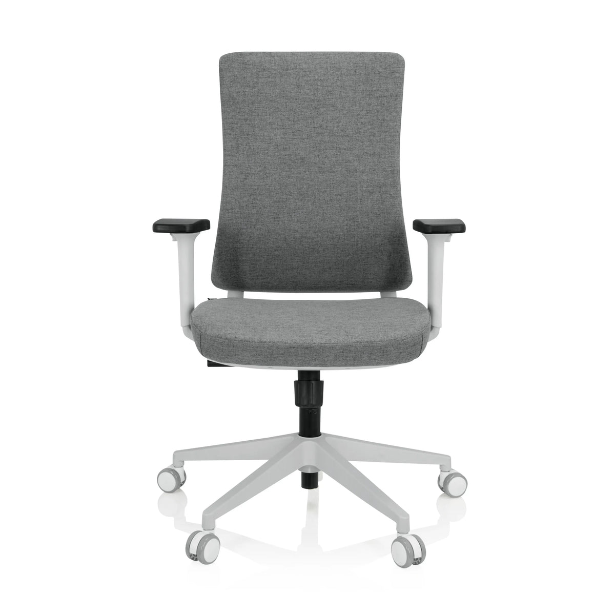Siège de bureau de qualité professionnelle COMFIO WP gris avec accoudoirs et piètement blanc à cinq roulettes de hjh OFFICE – vue à 360° (vue de face 0°)