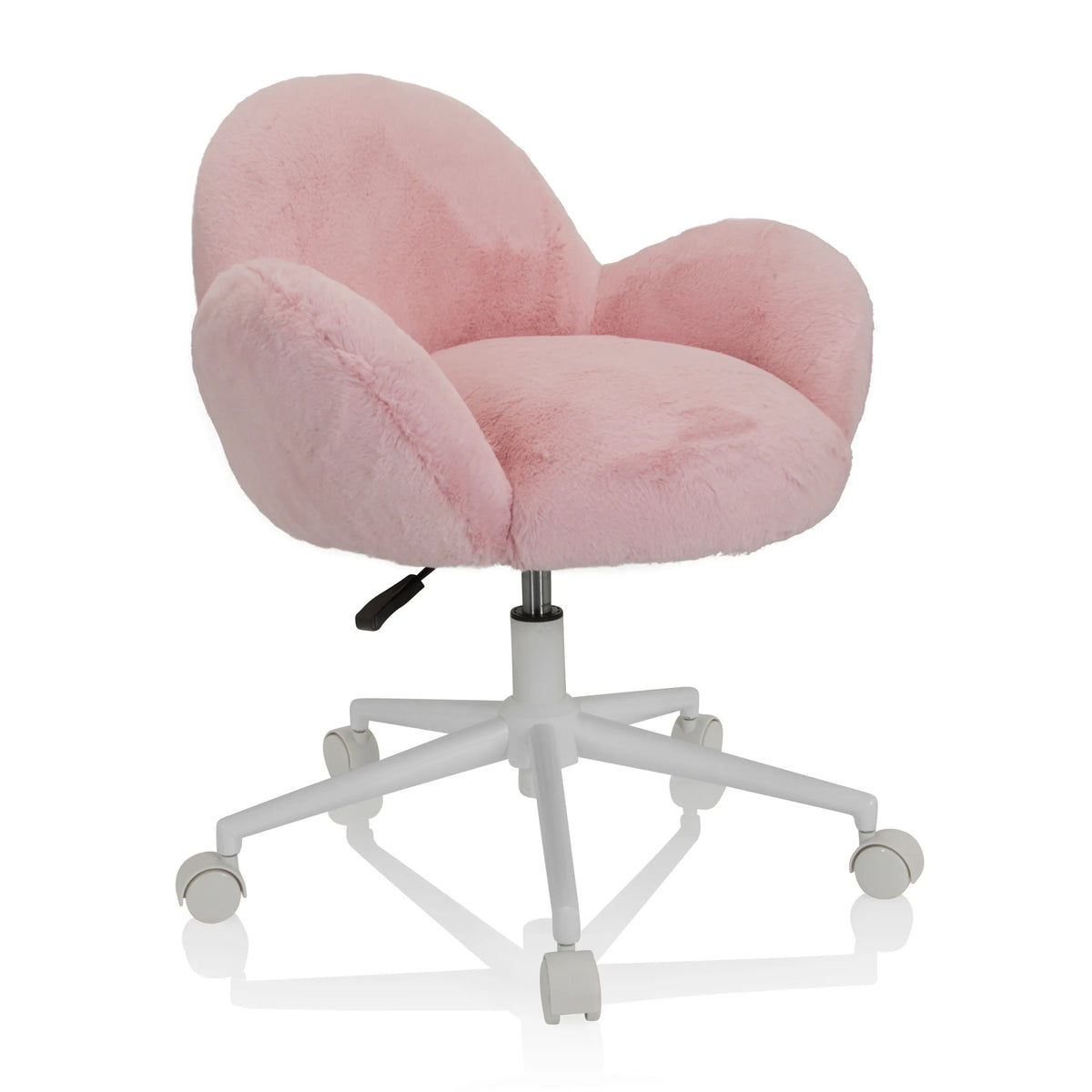 Chaise pivotante pour des enfants KID TEDDY rose avec housse fluffy et piètement blanc à cinq roulettes de hjh OFFICE – vue à 360° (vue de trois quarts avant 40°)