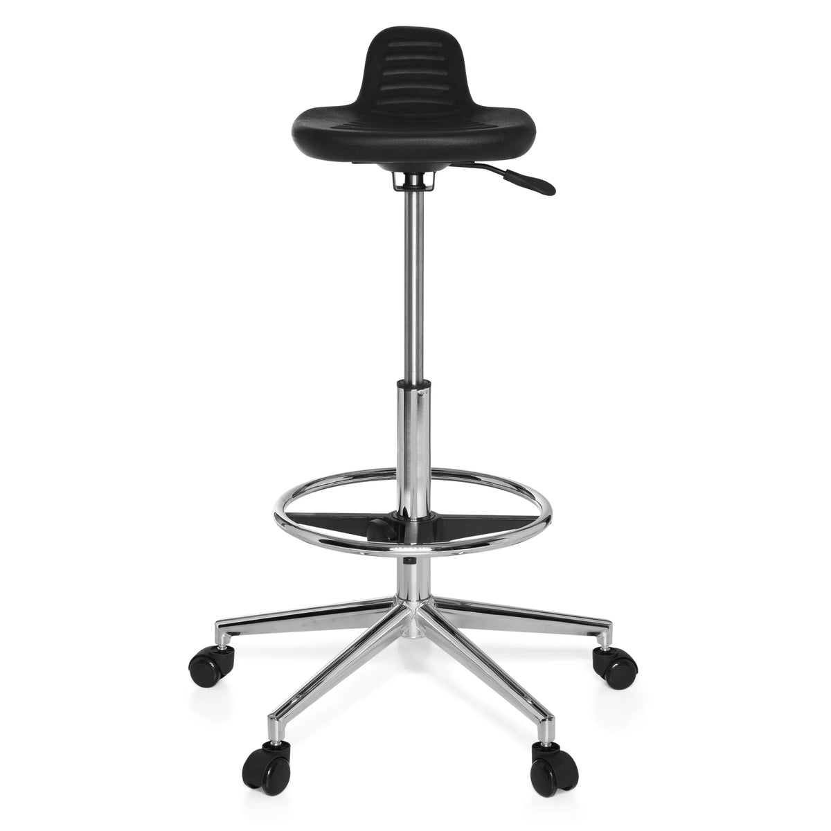 Tabouret pivotant noir TOP WORK 03 avec repose-pieds et base à cinq roulettes de hjh OFFICE – vue à 360° (vue de face 0°)