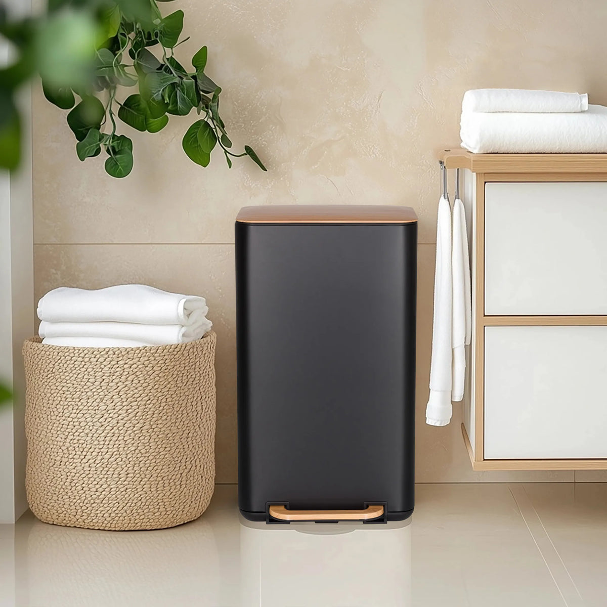 Poubelle noire CLEAN NATURA avec couvercle en bois de noyer et poignée de hjh OFFICE