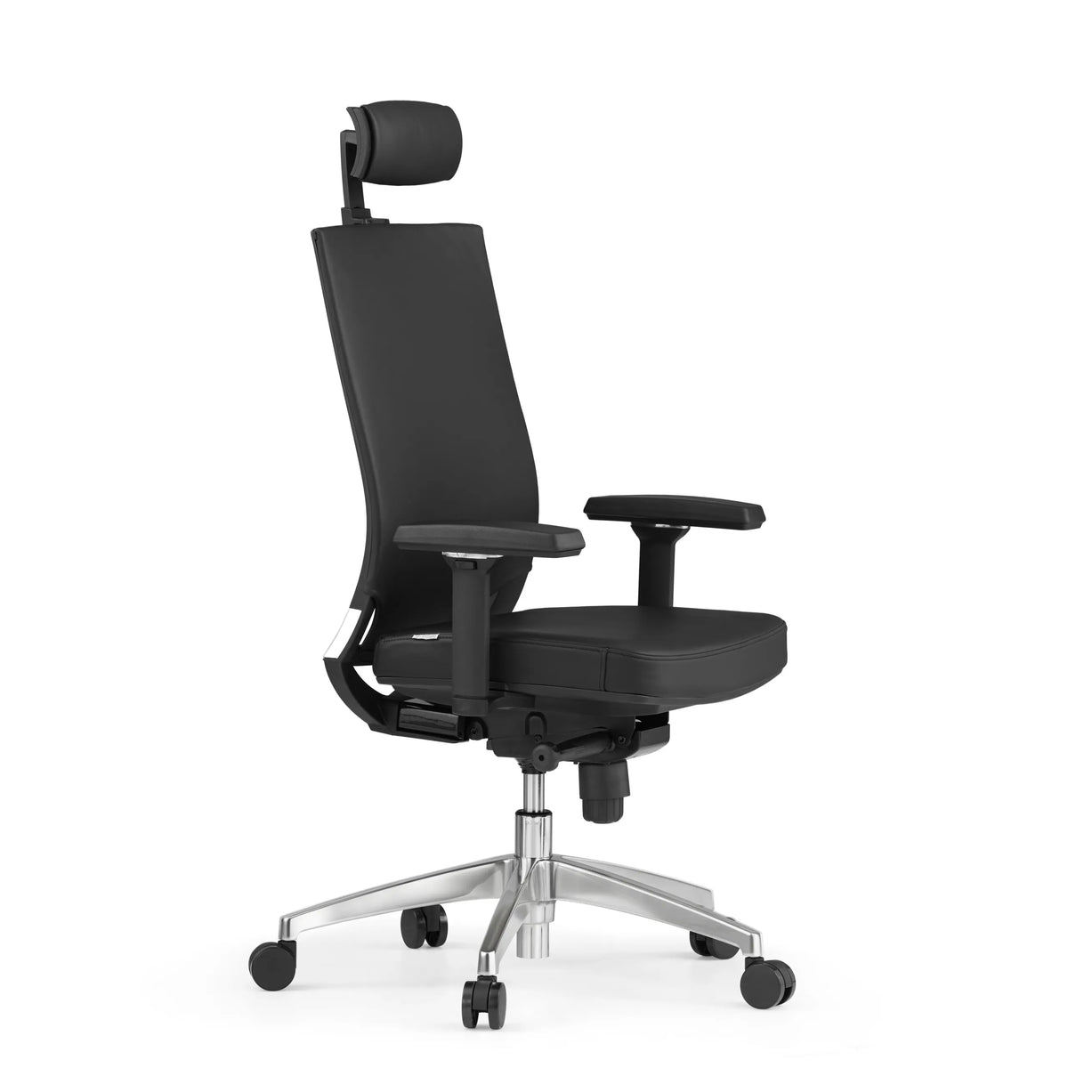 Siège de bureau de qualité professionnelle PORTO MAX HIGH noir en cuir avec appui-tête et base à cinq roulettes de hjh OFFICE – vue à 360° (vue de trois quarts avant 60°)