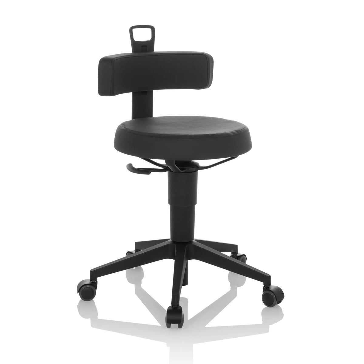 Tabouret pivotant TOP WORK FLEX PU noir en similicuir avec dossier et base à cinq roulettes de hjh OFFICE – vue à 360° (vue de trois quarts avant 30°)