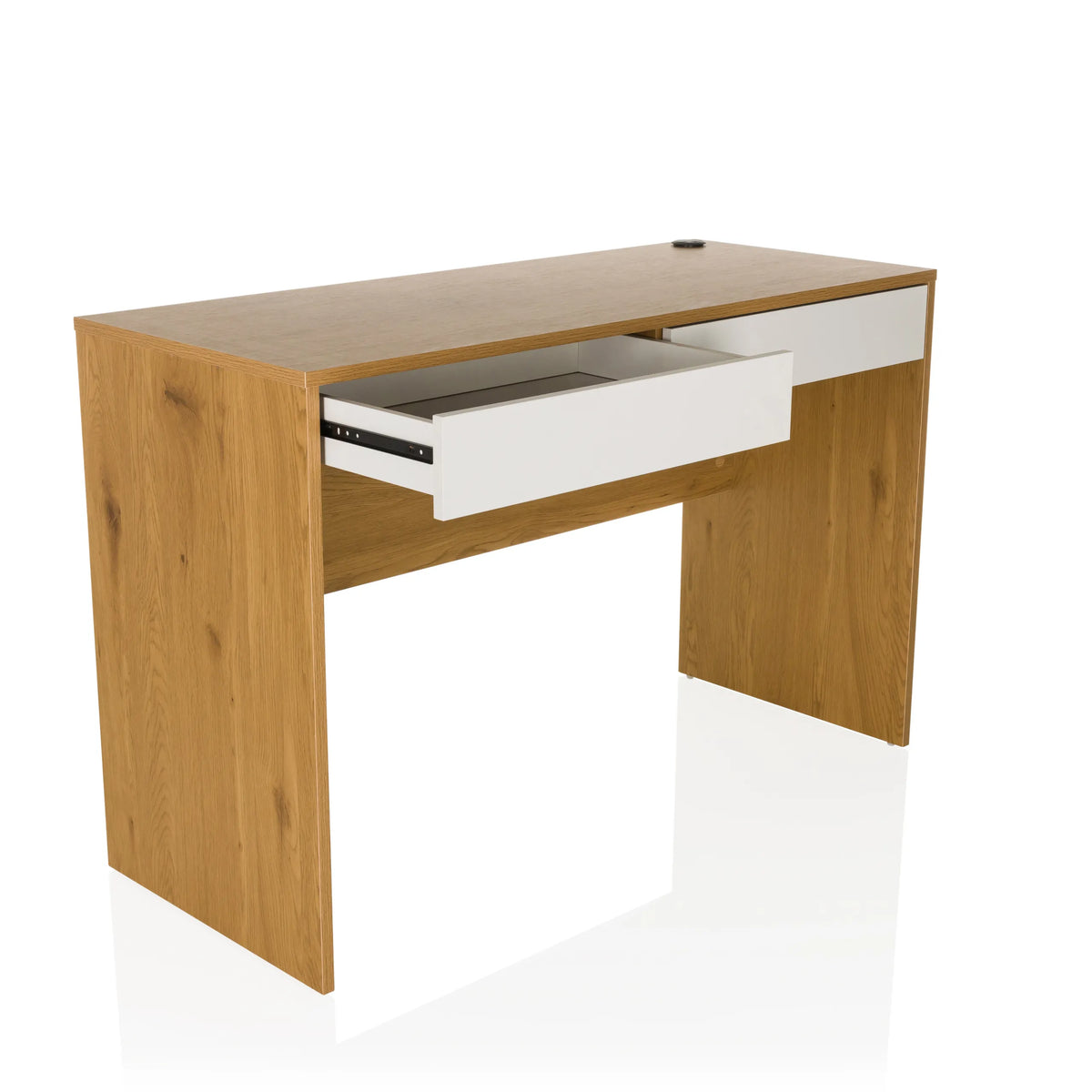 Tiroir blanc ouvert du bureau BERGA en chêne et blanc de hjh LIVING