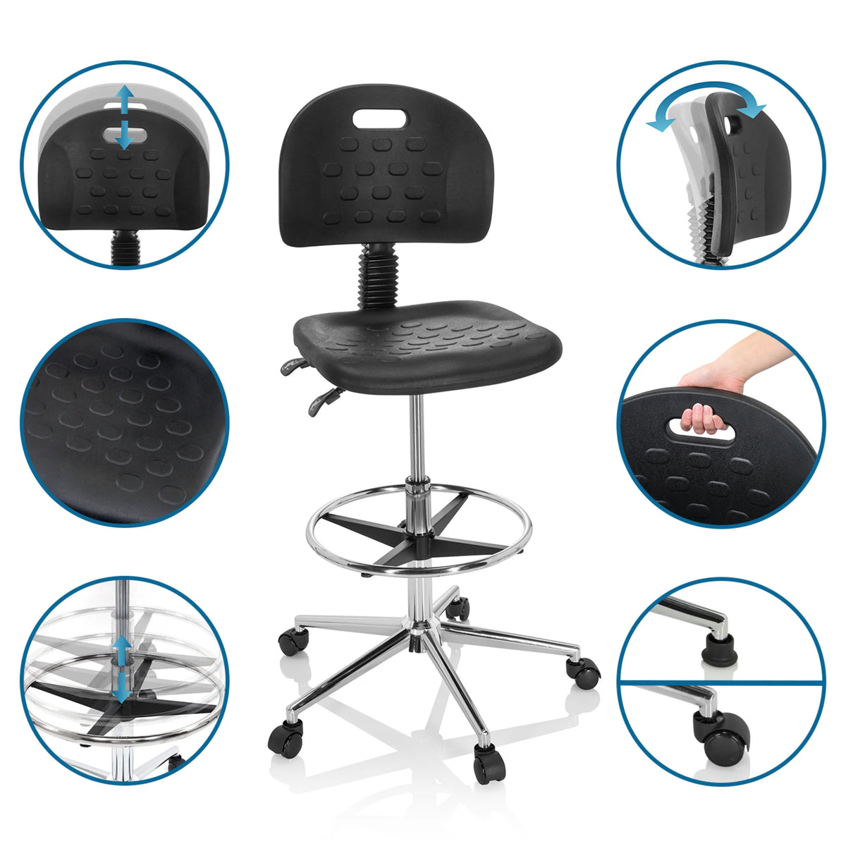 Caractéristiques de la chaise de comptoir TOP WORK 23 I avec dossier réglable et repose-pieds en noir de hjh OFFICE