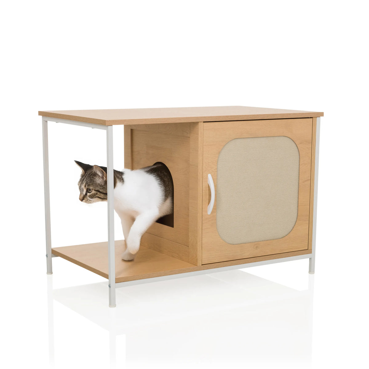Maison pour chat KITTYHOME 1 en hêtre et blanc avec une entrée ronde et une porte avec poignée de hjh LIVING