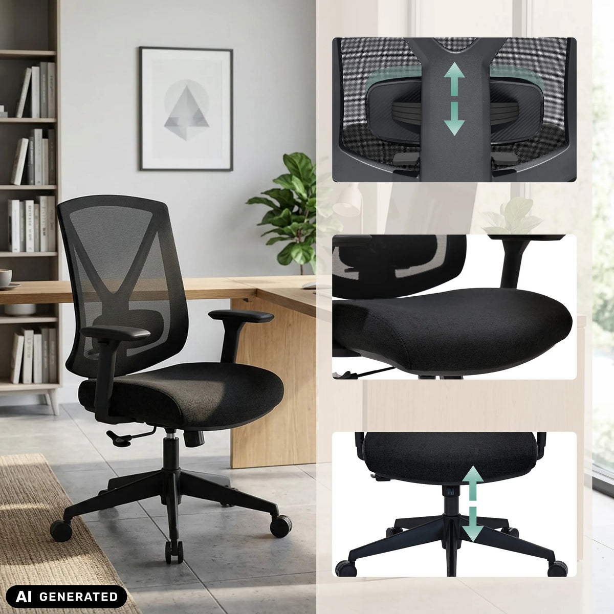 Siège de bureau de qualité professionnelle Mirou en noir avec dossier et hauteur d'assise réglables de hjh OFFICE (image générée par IA)