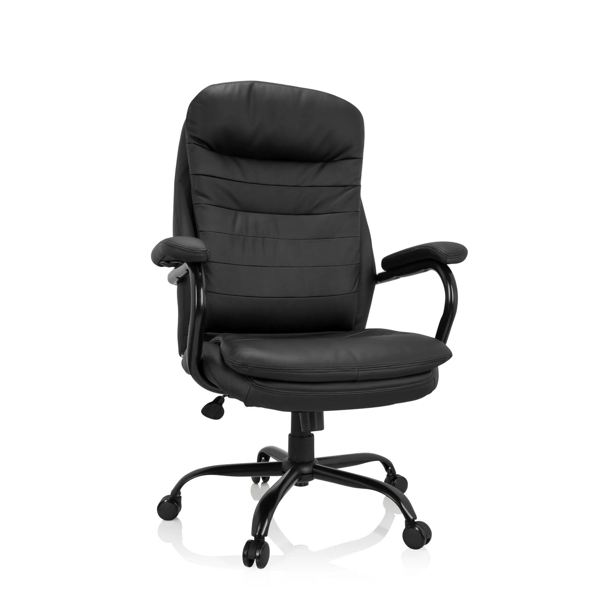 Siège pivotant RELAX XXL B noir en similicuir avec pied en étoile et cinq roulettes de hjh OFFICE – vue à 360° (vue de face 20°)