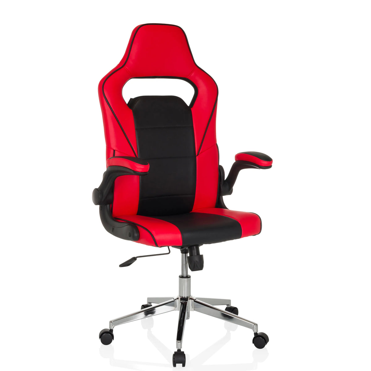 Rot-schwarzer Gaming-Stuhl GAME SPORT PRO mit Armlehnen und Fußkreuz mit fünf Rollen von MyBuero – 360-Grad-Ansicht (Frontansicht 15°)