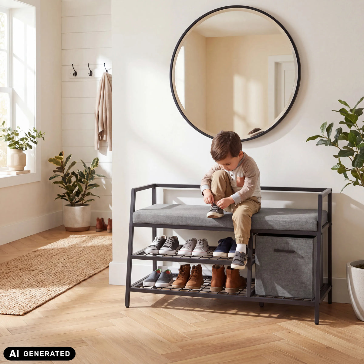 Armoire à chaussures Estha Loft en noir et gris avec coussin d'assise, deux niveaux de rangement et un panier en tissu de hjh LIVING