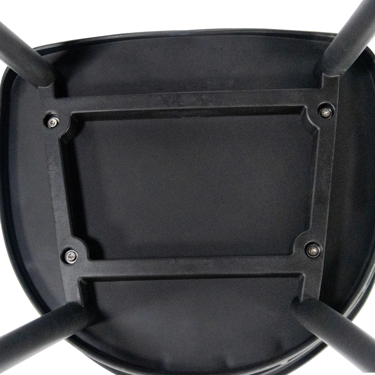 Unterseite der Sitzfläche des Esszimmerstuhls ARTIFO RIB in Schwarz mit vier Befestigungsschrauben von hjh LIVING