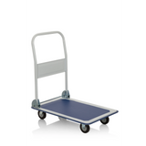 Chariot à plateforme CARRY bleu et blanc avec poignée pliable et quatre roulettes de hjh OFFICE – vue à 360° (vue de face 20°)