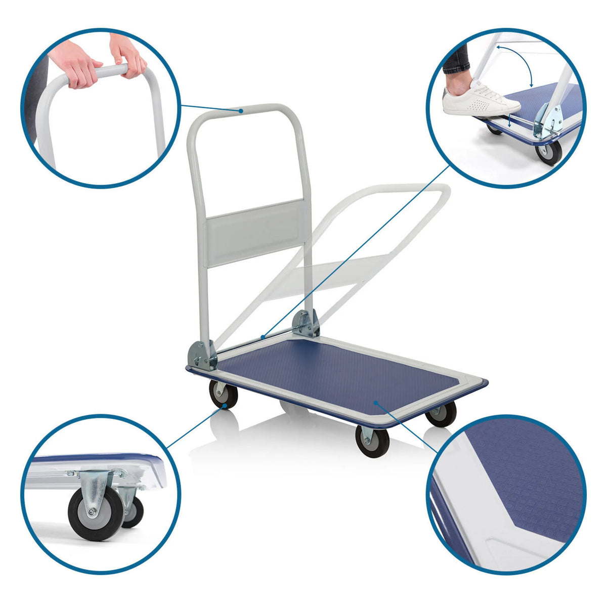 Chariot à plateforme CARRY bleu et blanc avec vues détaillées de la poignée, des roulettes et du plateau de chargement de hjh OFFICE