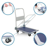 Chariot à plateforme CARRY bleu et blanc avec vues détaillées de la poignée, des roulettes et du plateau de chargement de hjh OFFICE