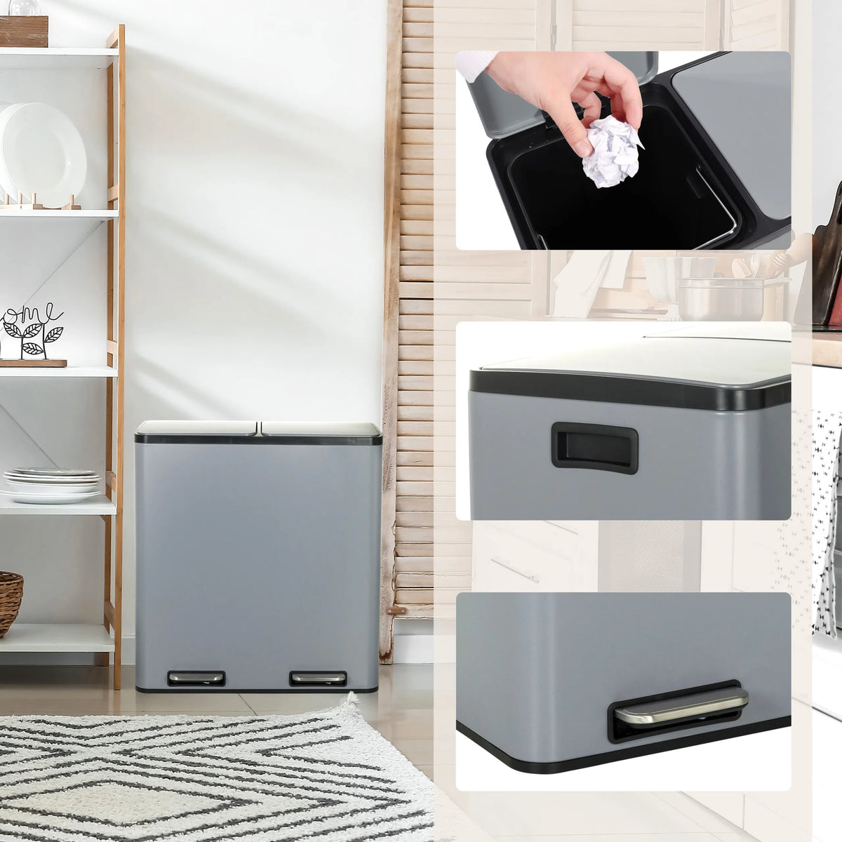 Graue Mülleimer Clean 13 mit Deckel und Fußpedal in verschiedenen Ansichten von hjh OFFICE