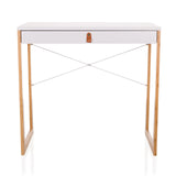 Bureau blanc TAROLO II avec un tiroir, poignée en cuir marron et pieds en bois de hjh LIVING – vue à 360° (vue de face 0°)