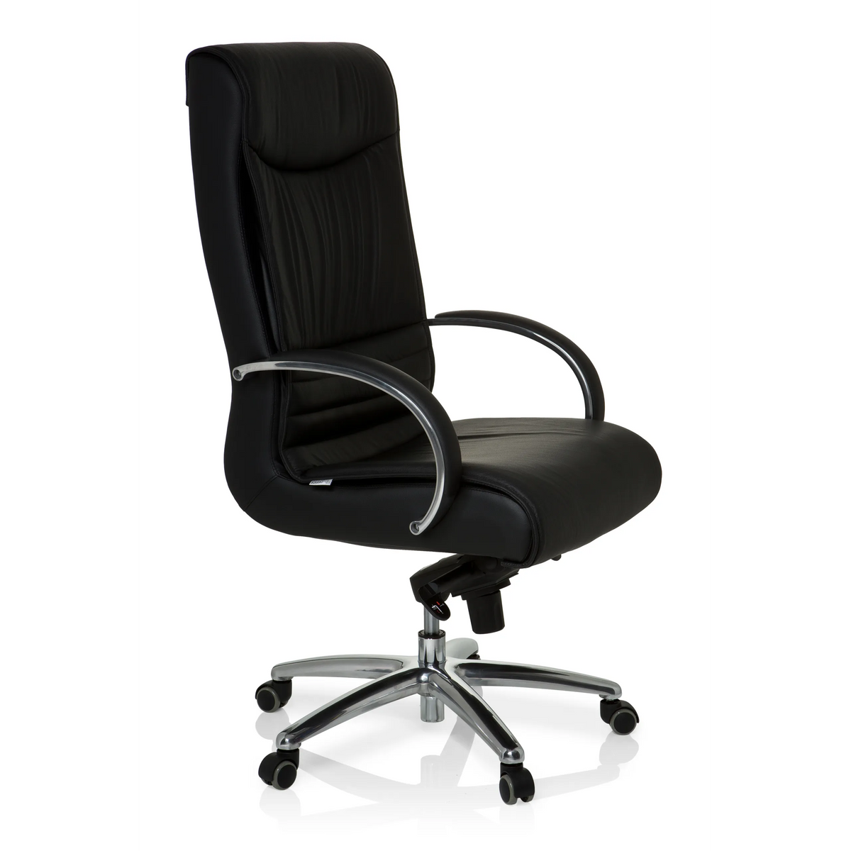 Siège pivotant XXL F 400 noir en cuir avec pied en étoile et cinq roulettes de hjh OFFICE – vue à 360° (vue de trois quarts avant 60°)