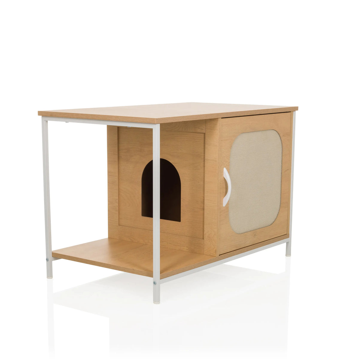 Maison pour chat KITTYHOME 1 blanche avec un compartiment ouvert et un placard avec porte en tissu de hjh LIVING – vue à 360° (vue de trois quarts avant 45°)