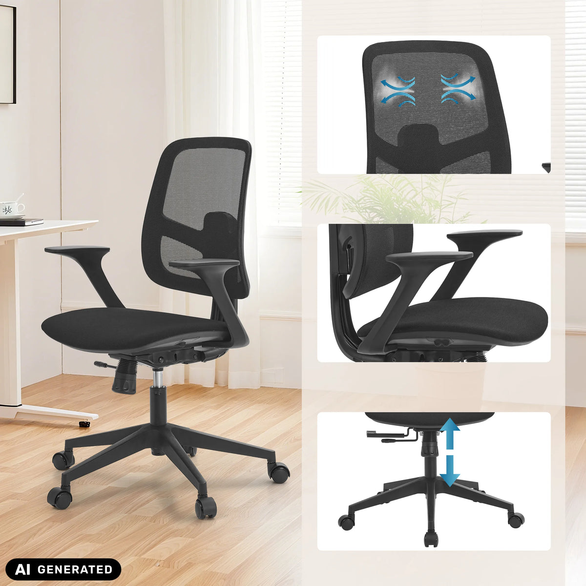 Siège de bureau à domicile Malio en noir avec dossier en maille et pied réglable en hauteur de hjh OFFICE (image générée par IA)
