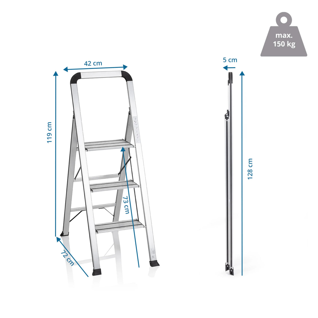 Dessin dimensionnel de l'Échelle pliante SOLID V avec une hauteur de 119 cm et une largeur de 42 cm de hjh OFFICE