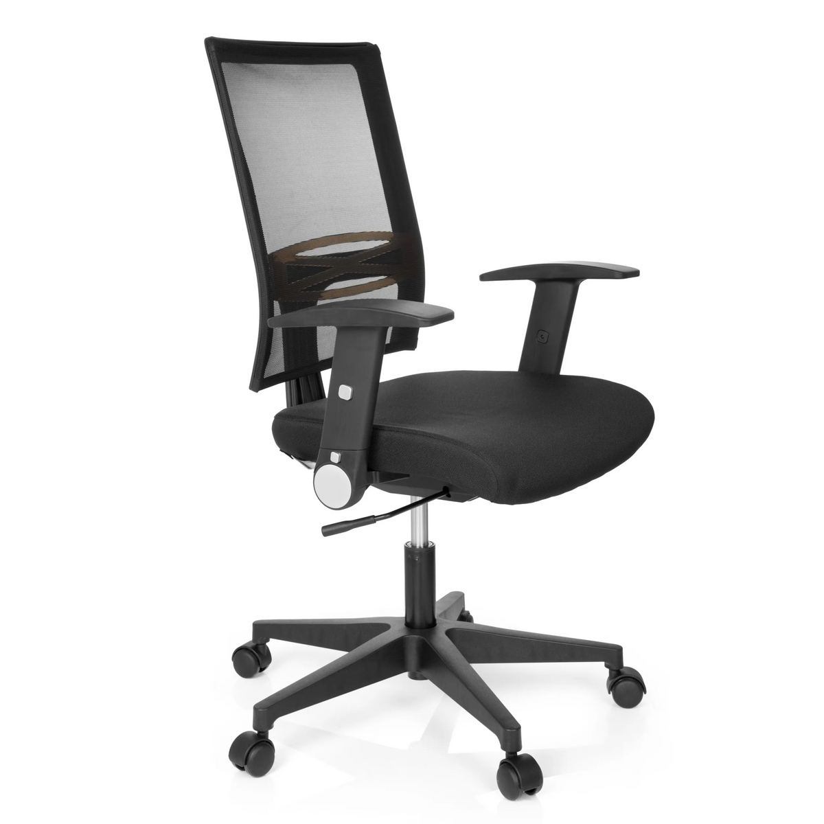 Siège de bureau à domicile OFFICE R8 noir avec dossier en maille et base à cinq roulettes de hjh OFFICE – vue à 360° (vue de trois quarts avant 60°)
