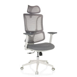 Siège de bureau de qualité professionnelle ERGOMY W gris, dossier maille et piètement blanc à 5 roulettes de MyBuero – vue à 360° (vue de face 15°)