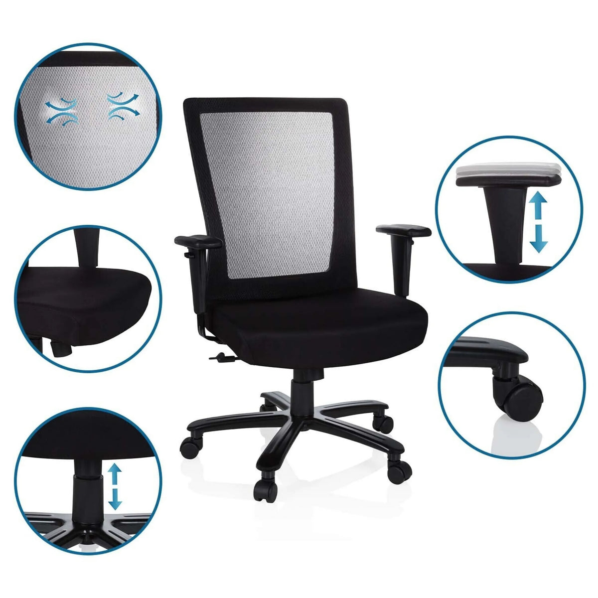 Drehstuhl XXL EXTENDER in Schwarz mit Mesh-Rückenlehne, verstellbaren Armlehnen und Gasdruckfeder von hjh OFFICE