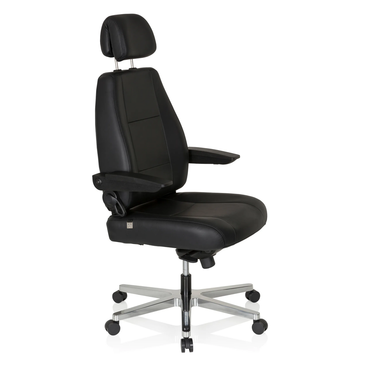 Siège pivotant XXL 24 HOURS noir en cuir avec appuie-tête et pied à cinq roulettes de hjh OFFICE – vue à 360° (vue de trois quarts avant 60°)