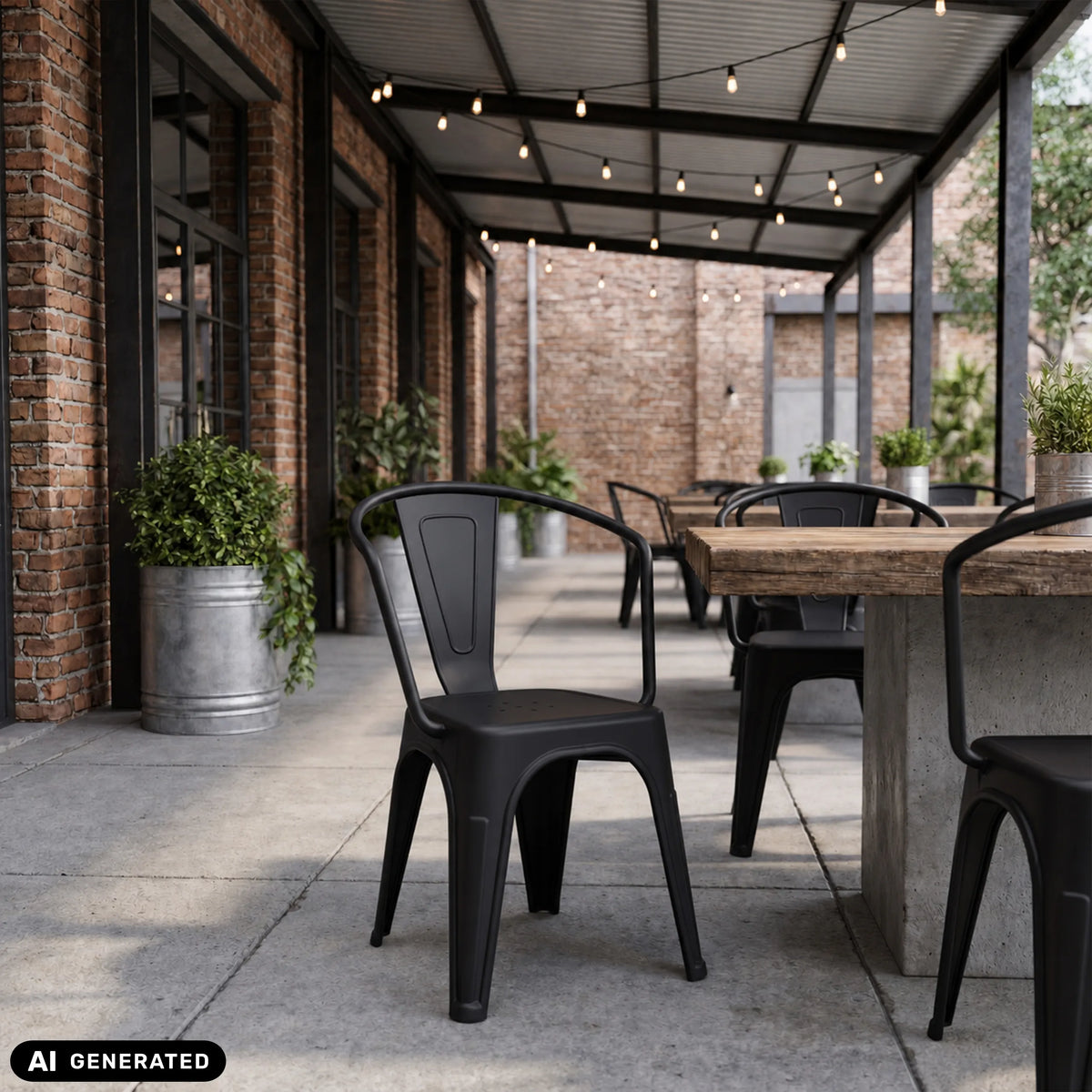 Chaises de bistrot noires Vantaggio Poly à une table en bois à l'extérieur de hjh OFFICE (image générée par IA)