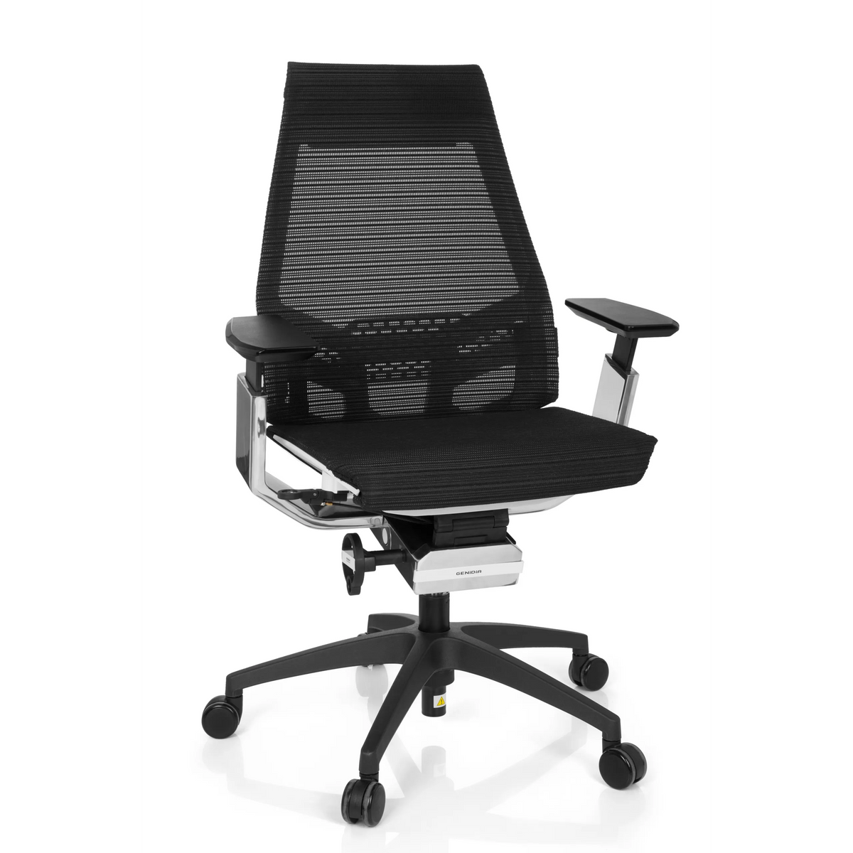 Siège de bureau professionnel GENIDIA SMART WHITE CM noir, dossier maille et base à 5 roulettes de hjh OFFICE – vue à 360° (vue de face 20°)