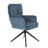 Chaise rembourrée bleue TARUGO avec revêtement en velours côtelé et piètement noir à quatre pieds de hjh LIVING – vue à 360° (vue de trois quarts avant 45°)