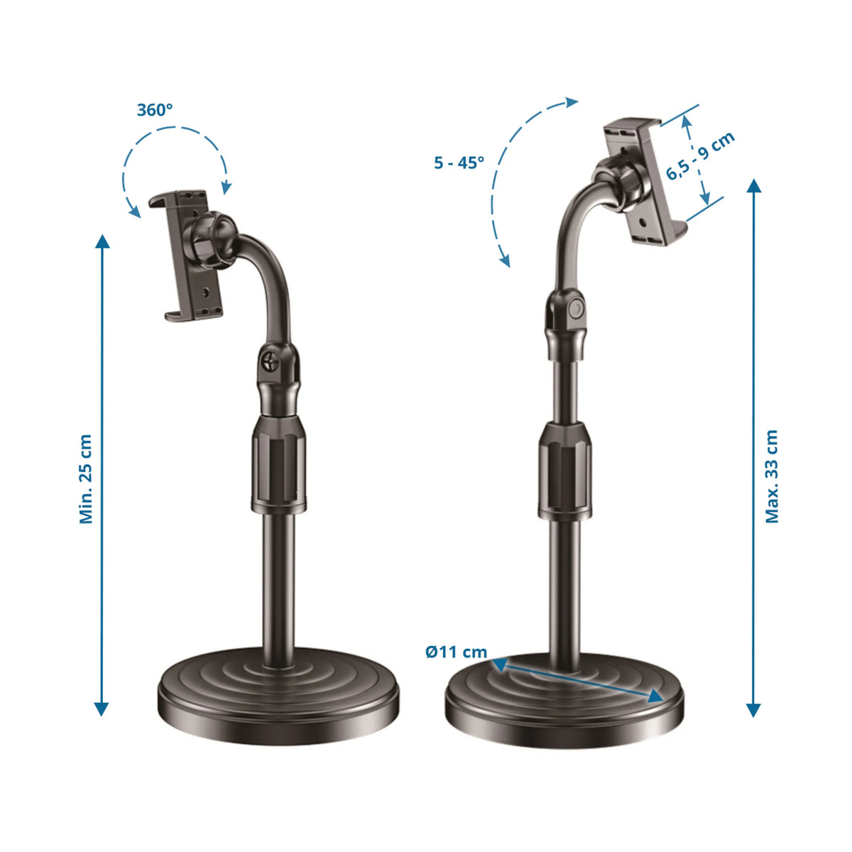 Dessin technique du Support de téléphone portable & tablette FLEXMOBI II d'une hauteur maximale de 33 cm de hjh OFFICE