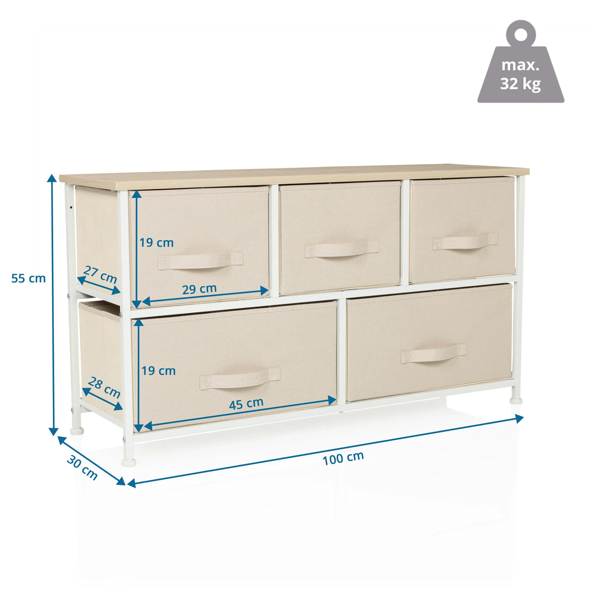 Dessin coté de la Commode FOLDAR de 100 × 30 cm et une charge maximale de 32 kg de hjh LIVING