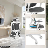 Siège de bureau à domicile ERGOMY WF en gris-blanc avec accoudoirs réglables et roulettes de MyBuero (image générée par IA)