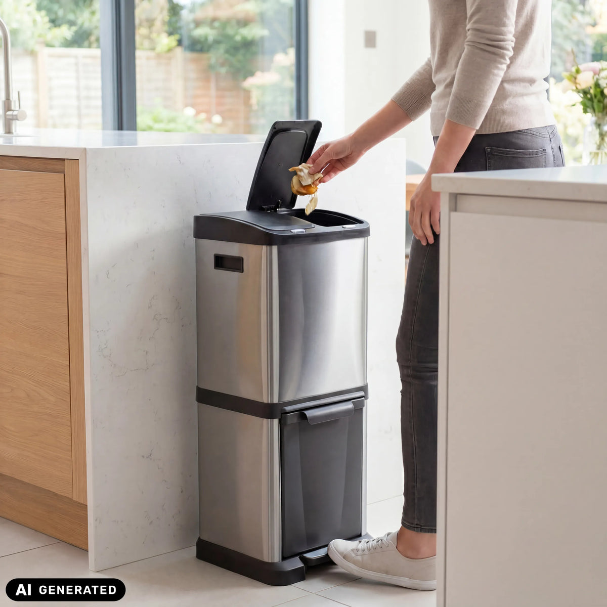 Poubelle CLEAN VII argentée à deux compartiments dans une cuisine de hjh OFFICE (image générée par IA)