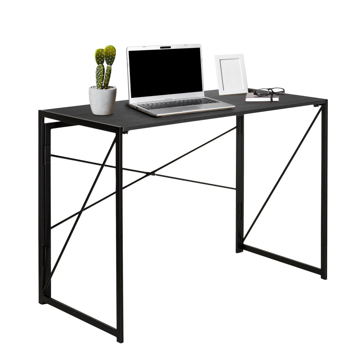 Bureau pliant EASY UP MULTI en noir, dimensions 100 × 50 cm, avec un cadre en métal et des traverses en croix de hjh OFFICE