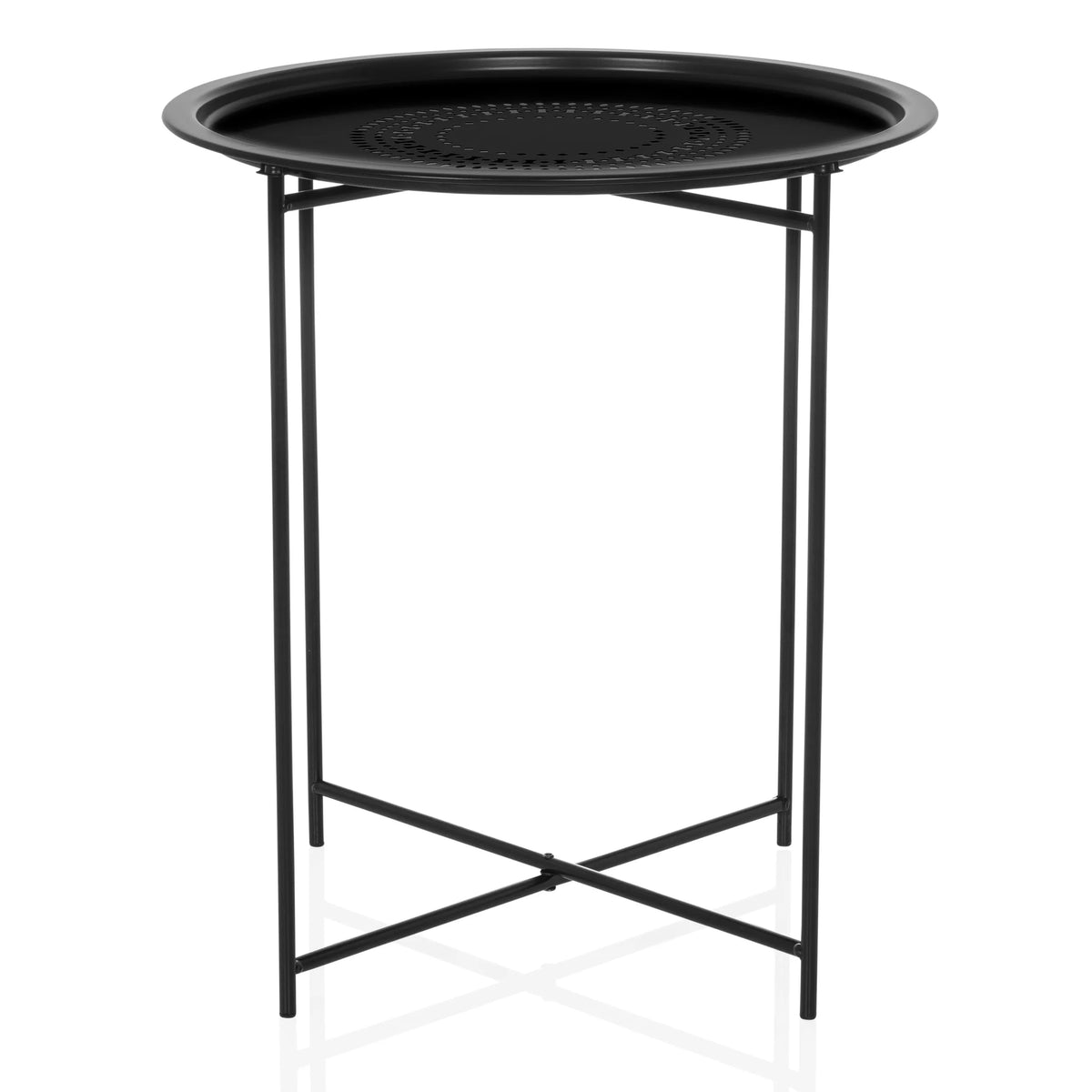 Table d'appoint ALLRUND noire en métal avec plateau rond perforé et pied en croix de hjh LIVING – vue à 360° (vue de face 0°)