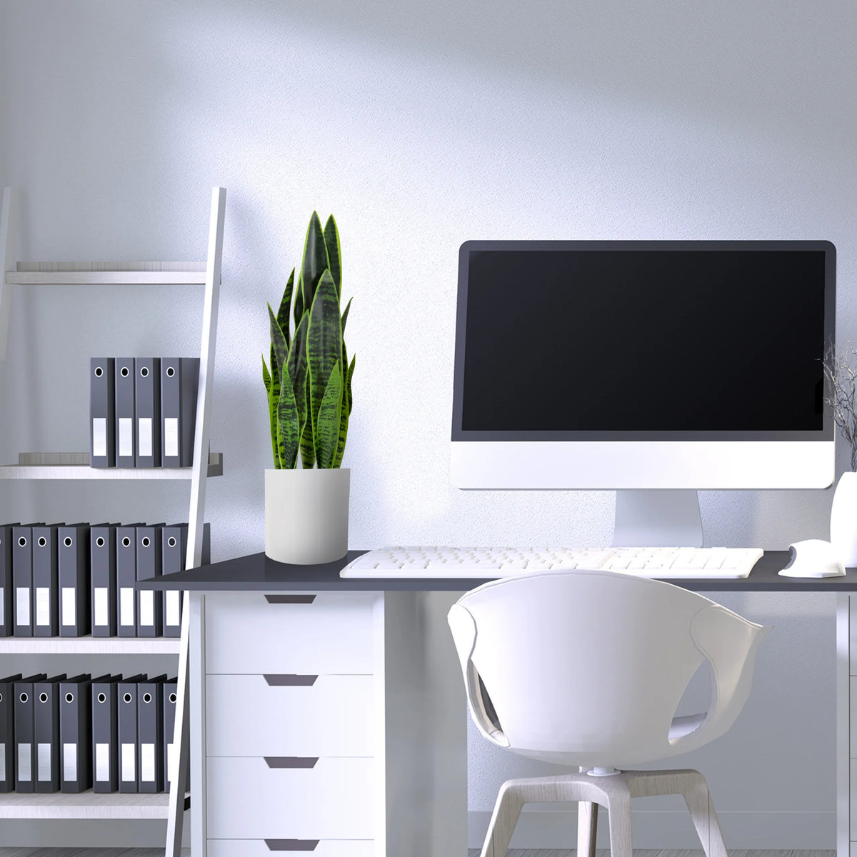 Plante artificielle verte SANSEVIERIA dans un pot blanc sur un bureau de hjh OFFICE