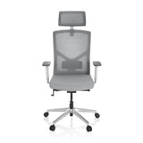 Siège de bureau de qualité professionnelle BRETON PRO W gris avec dossier en maille, appui-tête et piètement à cinq roulettes de hjh OFFICE – vue à 360° (vue de face 0°)