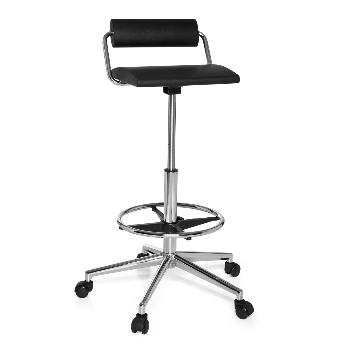 Tabouret pivotant noir TOP WORK 28 avec repose-pieds et piètement à cinq roulettes de hjh OFFICE – vue à 360° (vue de face 20°)