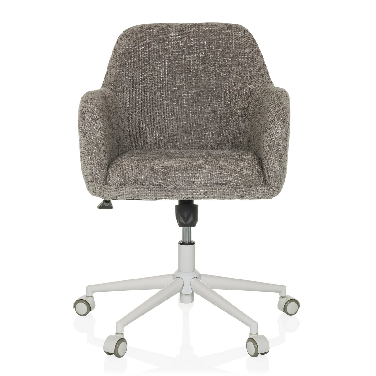 Siège de bureau à domicile SOLAO HOME gris avec revêtement en tissu et piètement blanc à cinq roulettes de hjh LIVING – vue à 360° (vue de face 0°)