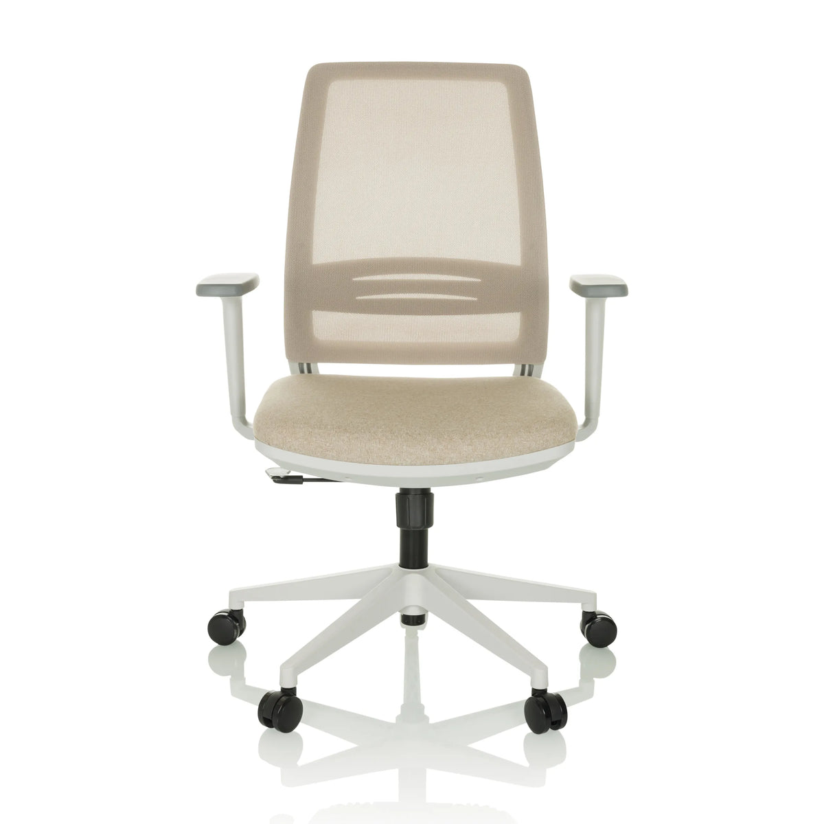 Siège de bureau à domicile PROFONDO ECO W beige avec dossier en maille et piètement à cinq roulettes de hjh OFFICE – vue à 360° (vue de face 0°)