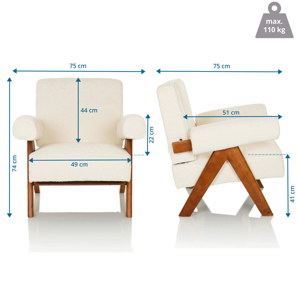 Dessin coté du Fauteuil de salon POOLY avec une largeur de 75 cm et une hauteur de 74 cm de hjh LIVING
