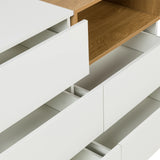 Tiroirs blancs ouverts et un compartiment ouvert effet chêne du Buffet MELMO S de hjh LIVING