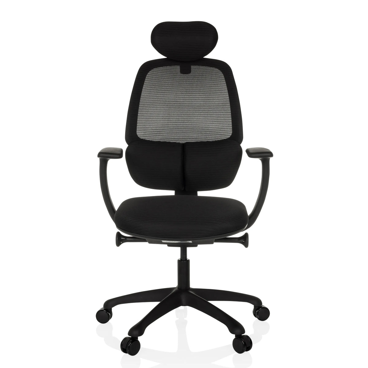 Siège de bureau de qualité professionnelle RI-COVER noir, dossier maille, appui-tête et base 5 roulettes de hjh OFFICE – vue à 360° (vue de face 0°)
